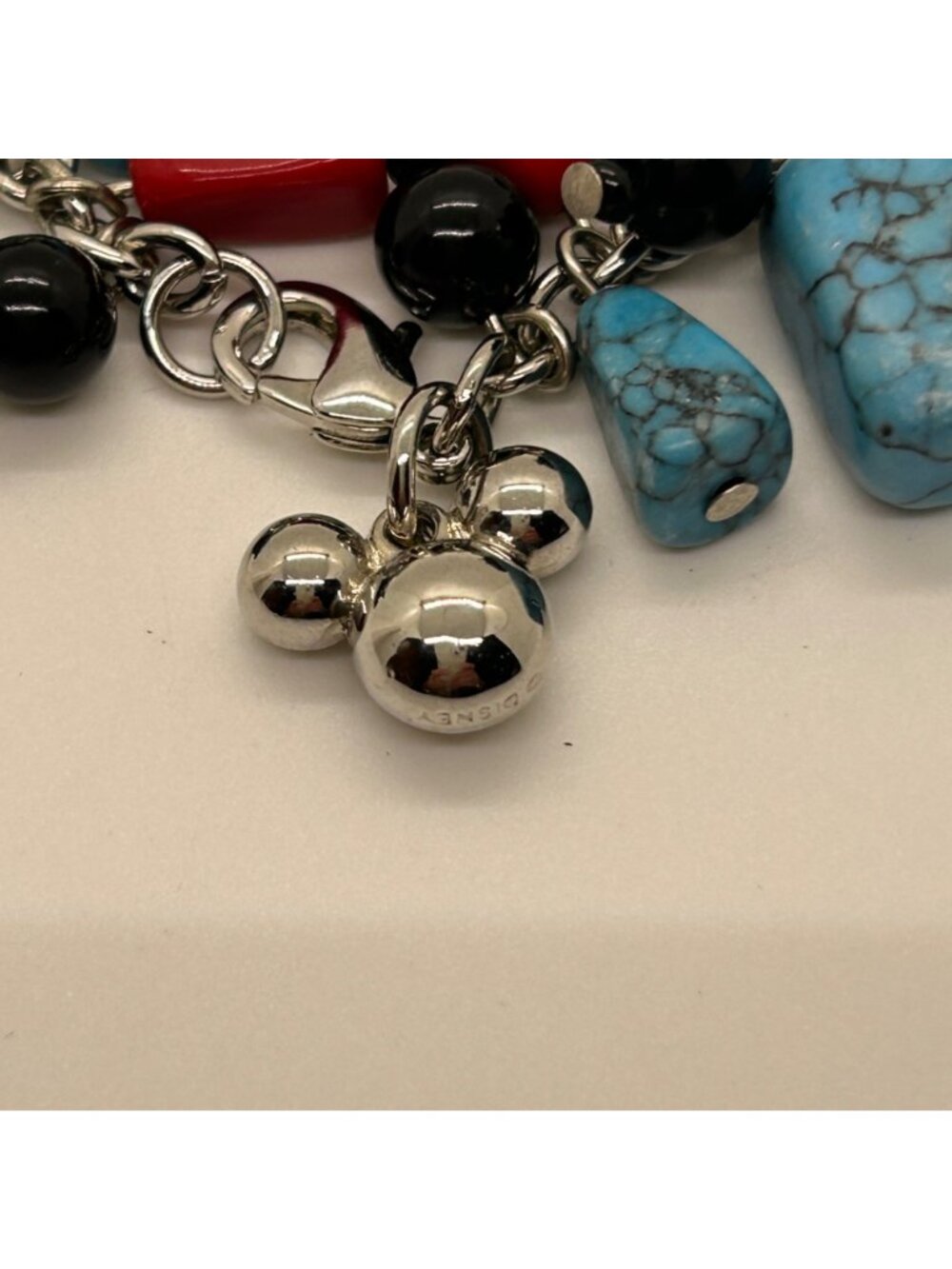 Disney Mickey Mouse Bracelet Silver Tone Turquoise Coral Black  Colored Stones - Picture 10 of 10